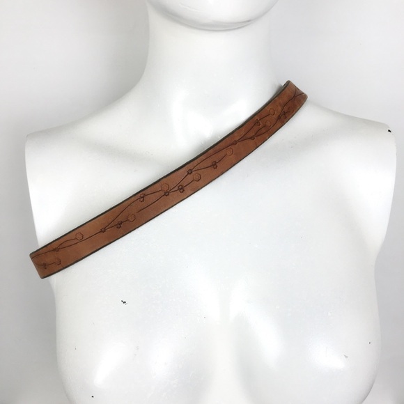 Thin Vintage Tooled Leather Belt With Brass Concho Buckle Brown Floral Size S - Picture 9 of 9